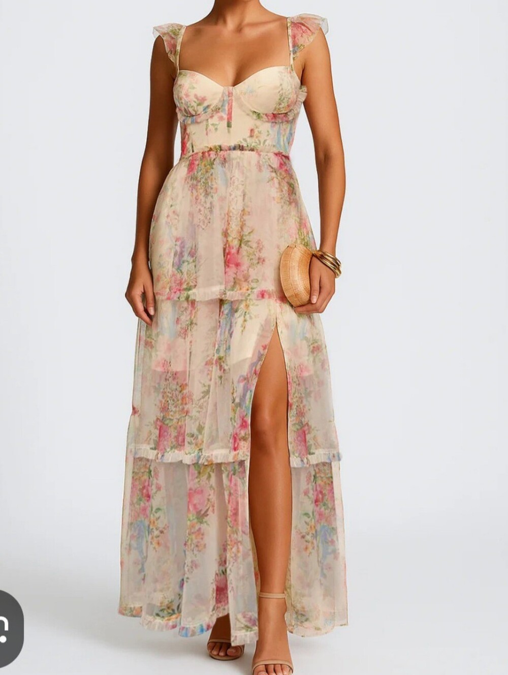 Vici Floral Sheer Maxi Dress with Bustier Top - Beige Pink